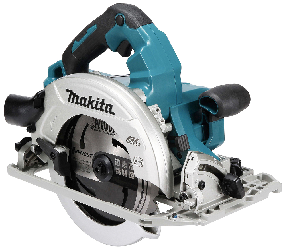 A teal and silver cordless Makita circular saw with a black handle and blade guard on a white background.