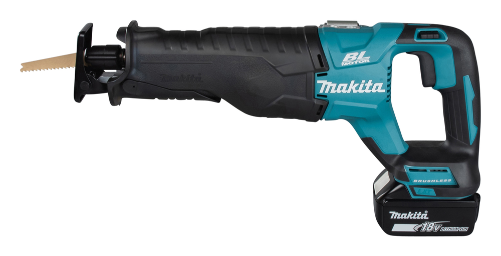 A Makita 18V cordless reciprocating saw with a black and teal body, black handle, visible battery pack, and short wood-cutting blade.