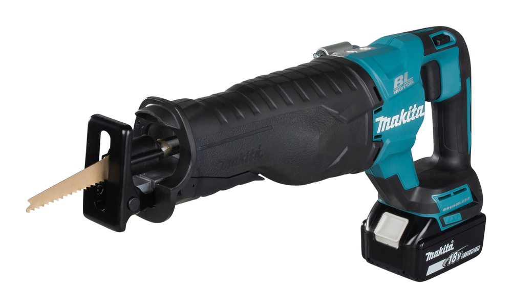 A cordless Makita reciprocating saw with a black and teal body, visible battery pack, and wood-cutting blade attached at the front.