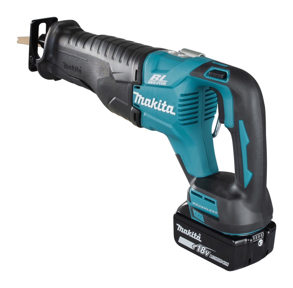 A cordless Makita reciprocating saw featuring a blue and black body, visible blade, and 18V lithium-ion battery at the base.