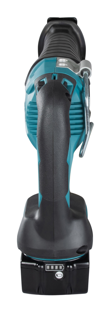 Front view of a cordless power tool, likely a reciprocating saw, with black and teal handle, battery at the base, on white background.