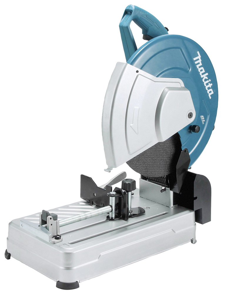 A blue and silver Makita metal cutting saw with a large circular blade, adjustable base, and handle, designed for precise metal cuts.