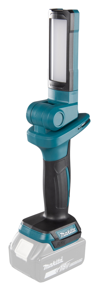 A teal and black Makita cordless LED work light with an adjustable head stands upright, showing a semi-transparent battery at the base.