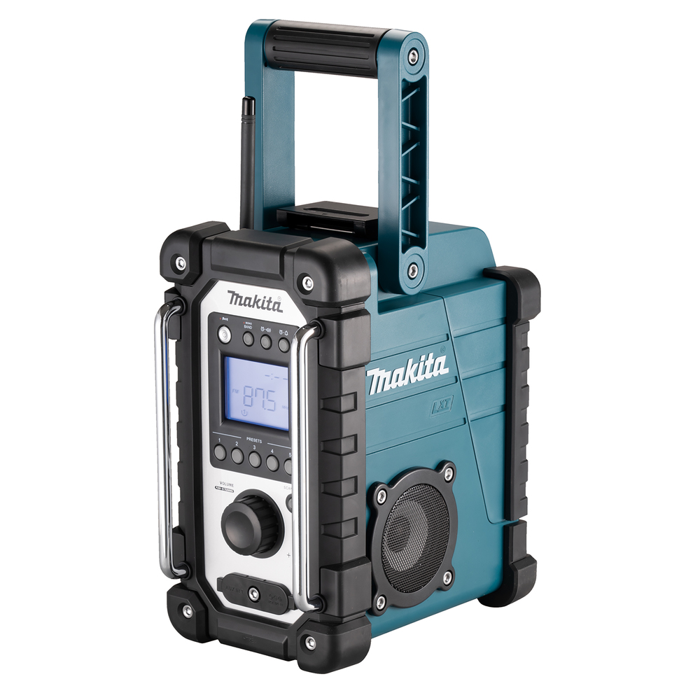 A Makita portable job site radio with a digital display, black and teal casing, side speakers, carrying handle, buttons and knobs.