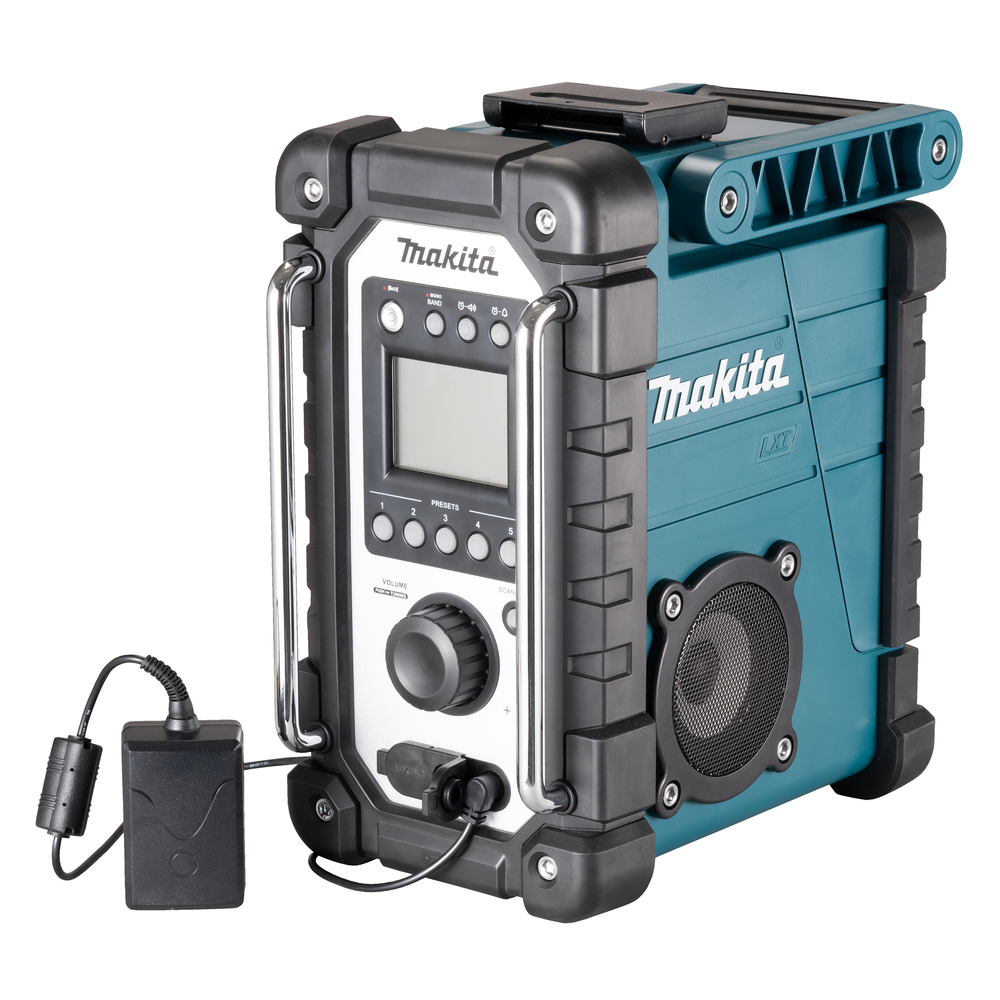 A Makita portable job site radio featuring a rugged design, large control knob, display screen, side speaker, and protective bars.