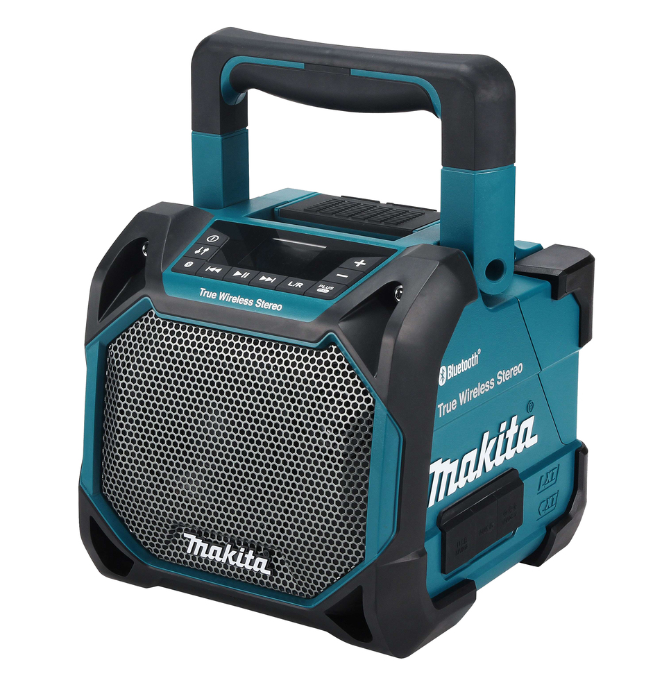 A blue and black Makita portable stereo with a large handle, mesh speaker grill, control buttons, and Bluetooth capability.