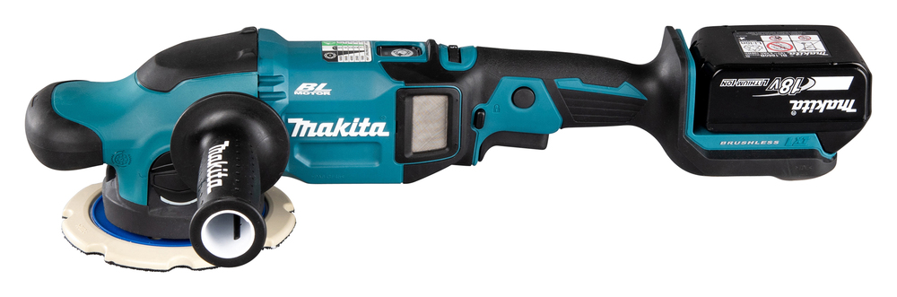 A blue and black Makita cordless power tool with a battery, circular buffing pad, and side handle, shown from the side on white.