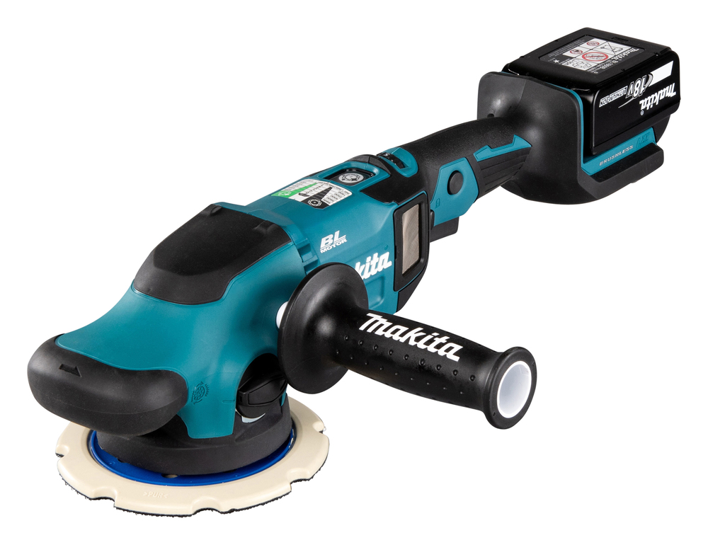 A cordless Makita polisher with a side handle and rear battery pack, shown against a white background.