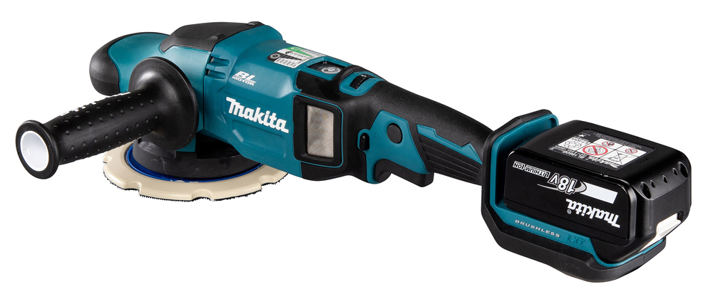 A cordless Makita power tool with a handle and battery pack for sanding or polishing. It’s teal and black with brand markings.