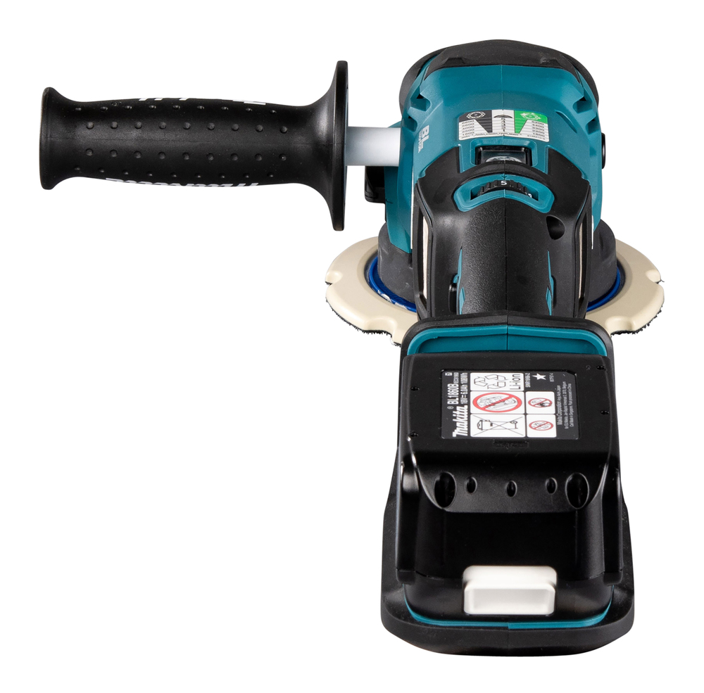 A close-up view of a teal and black cordless power tool, likely an angle grinder, with a side handle on top.