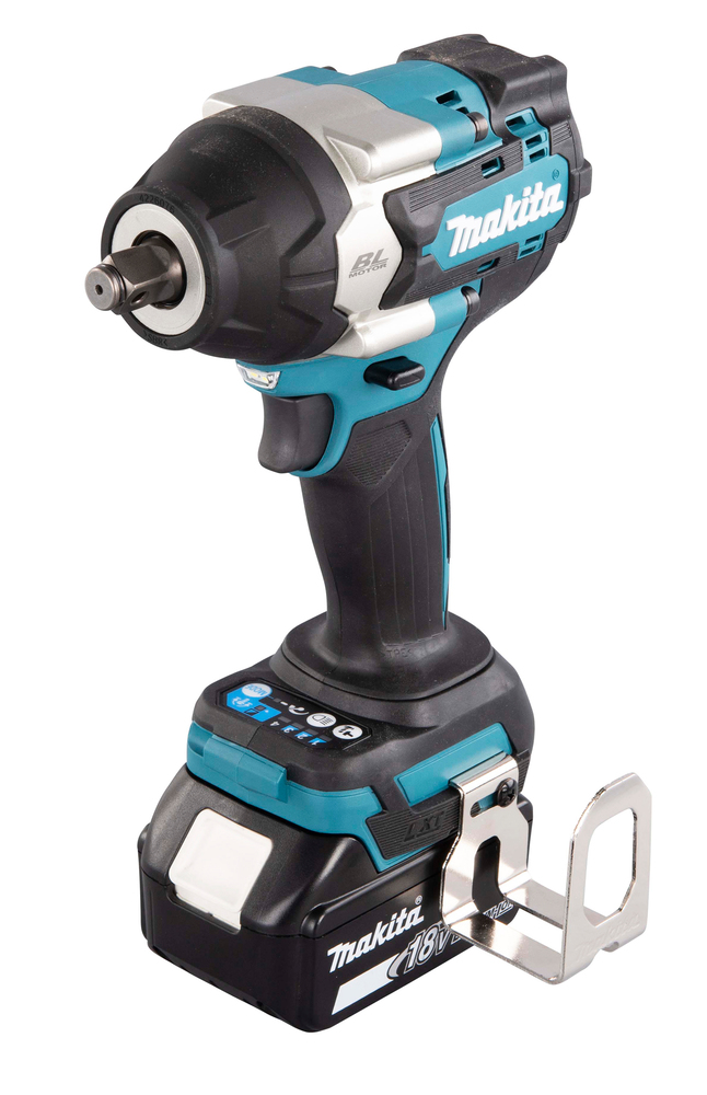 A cordless Makita power impact wrench featuring a black and teal body, 18V battery pack at the base, and metal belt clip on the side.