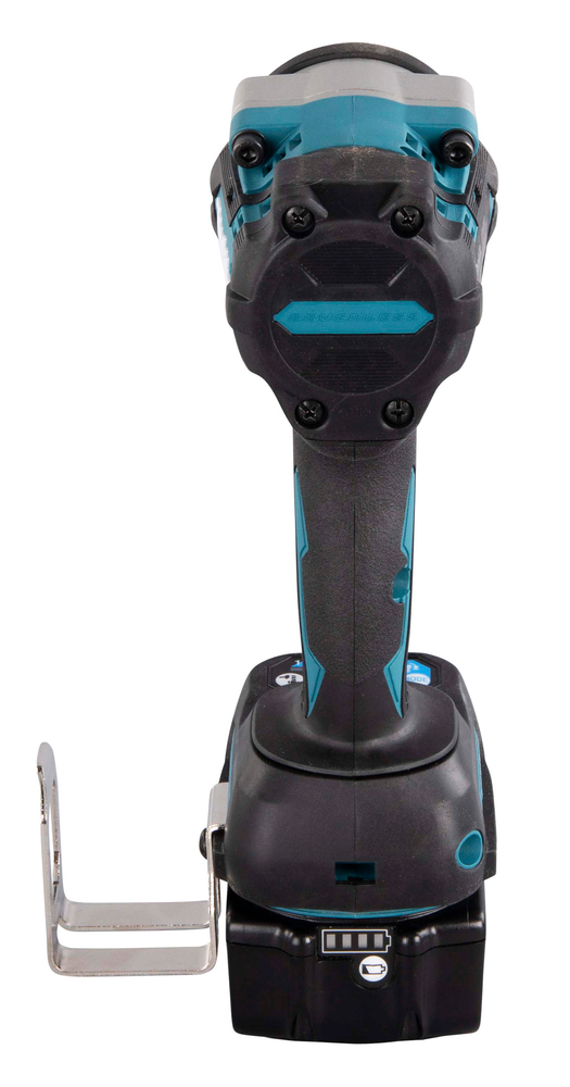 A cordless power drill stands upright, viewed from the back, with a black and teal handle, base battery pack, and metal belt clip.