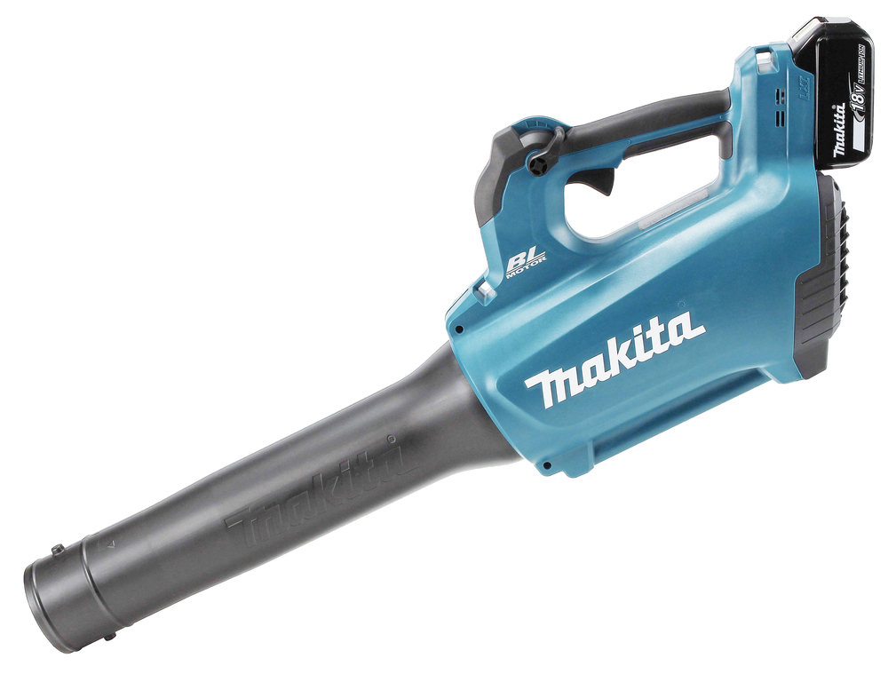 A blue and black Makita cordless leaf blower with an 18V battery, long black nozzle, and ergonomic handle.