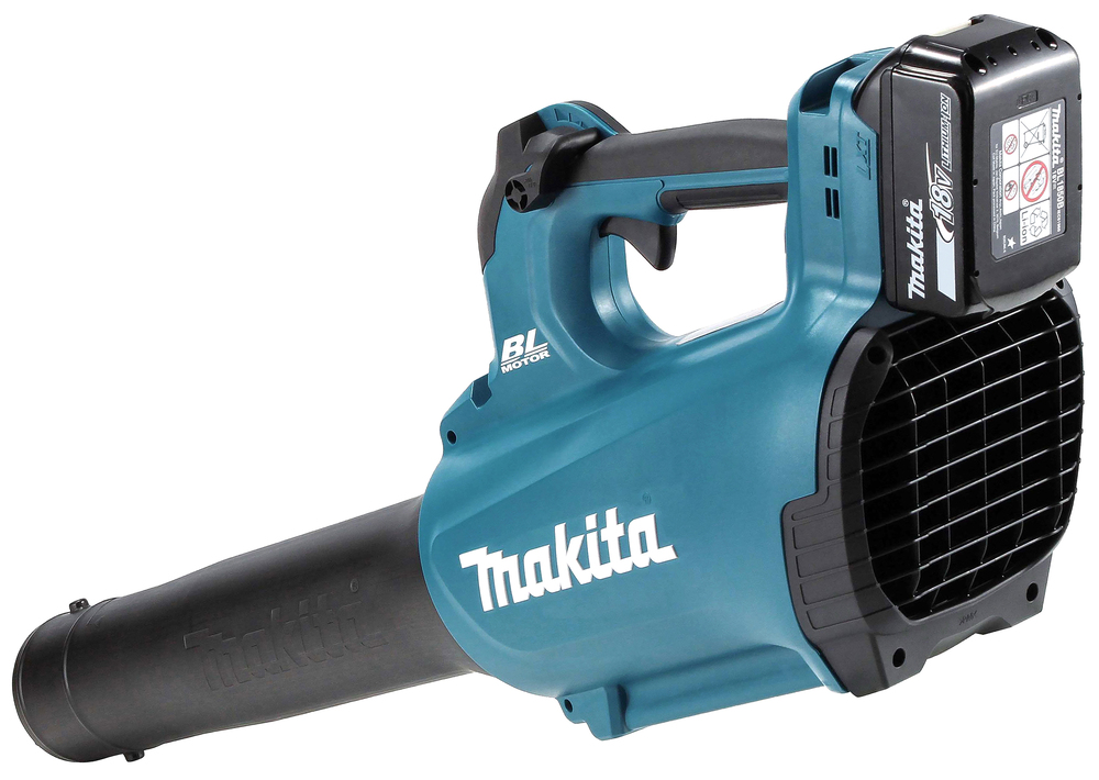 A blue and black Makita cordless leaf blower with a visible battery pack attached to the top rear.