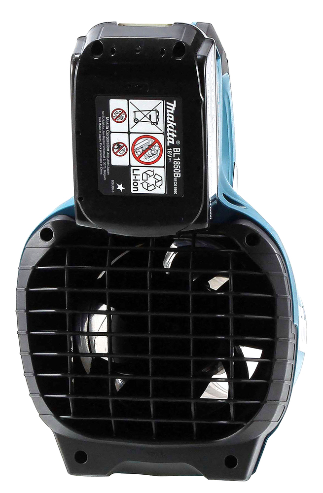 A portable Makita cordless fan with a black battery pack mounted on top and a protective grille covering the front.