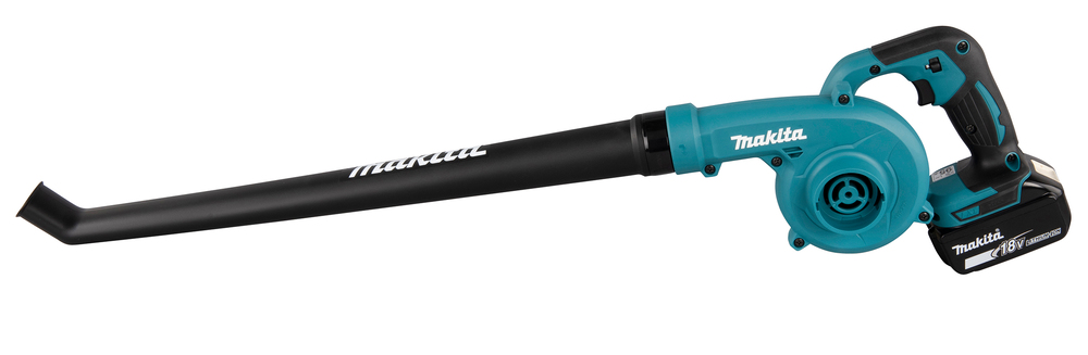 A teal and black Makita cordless leaf blower featuring a long nozzle and an attached 18V lithium-ion battery.