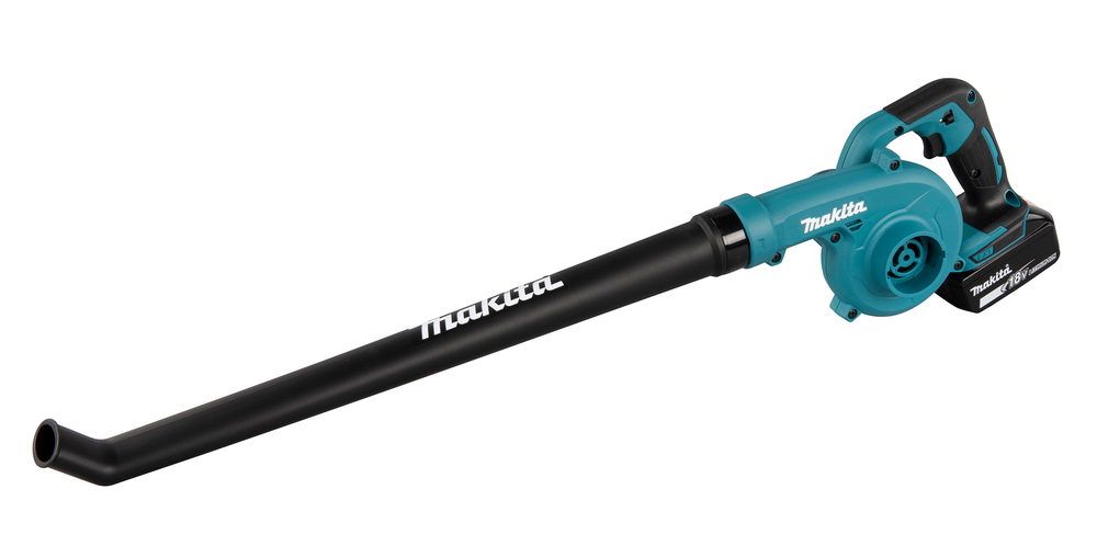 A cordless Makita leaf blower in teal and black, featuring a long black nozzle and a rechargeable battery on the handle.