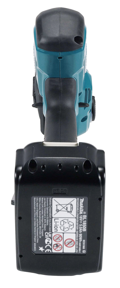 A cordless power tool with a teal and black handle, viewed from above, featuring a large detachable black battery pack.