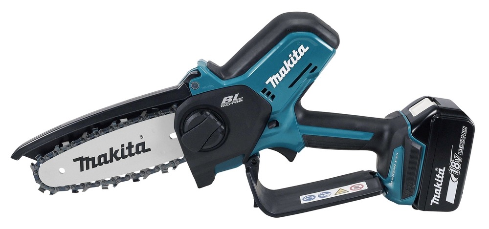 A Makita cordless mini chainsaw with a blue and black body, short blade, and an 18V lithium-ion battery attached to the handle.