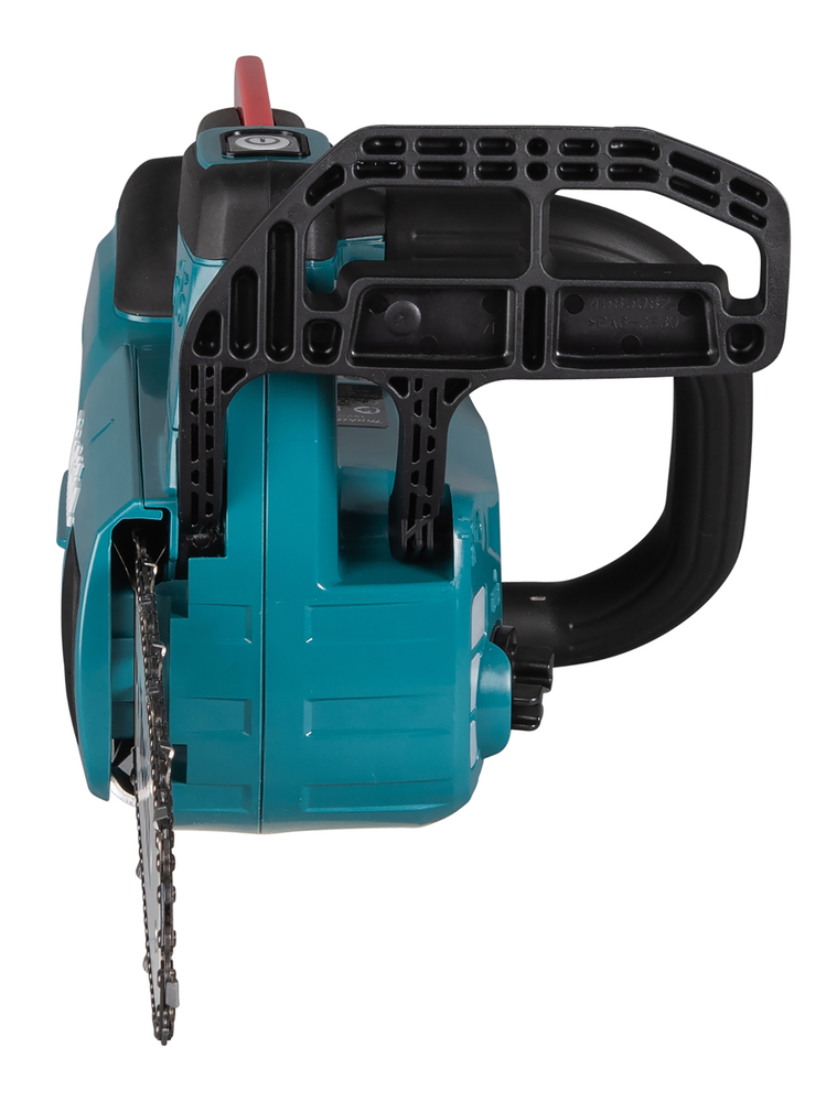 Front view of a teal and black electric chainsaw with visible chain, ergonomic handle, and safety guard on a white background.