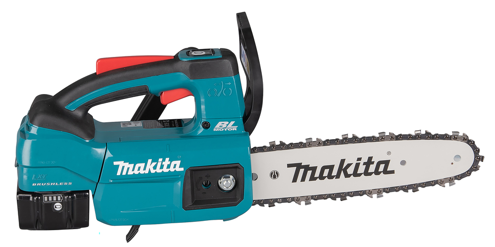 A teal and black Makita cordless chainsaw with a silver blade, displayed against a white background.