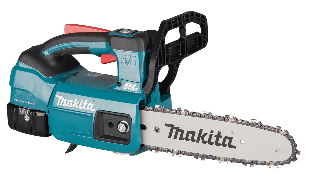 A blue and black Makita cordless electric chainsaw with a silver guide bar and chain, battery pack at the back, and handguard.