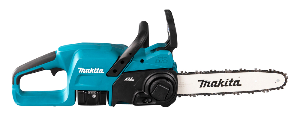 A blue and black cordless Makita chainsaw with a chain blade and handle, shown from the side against a white background.