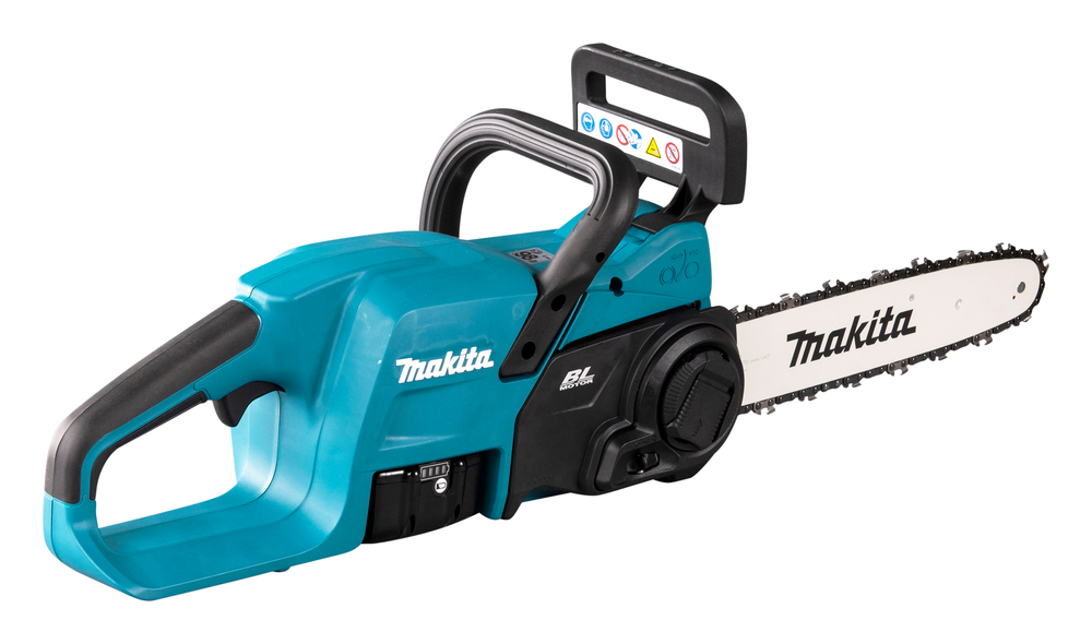 A teal and black Makita cordless chainsaw with a black handle and white blade guard, displayed on a white background.