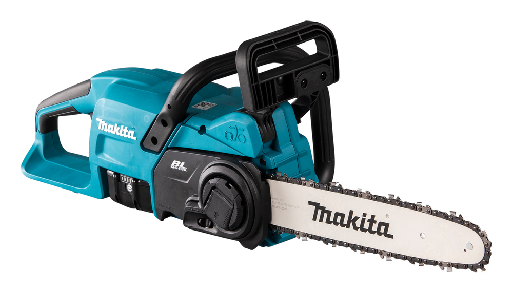 A blue Makita cordless chainsaw with a black handle and silver blade, shown against a white background.