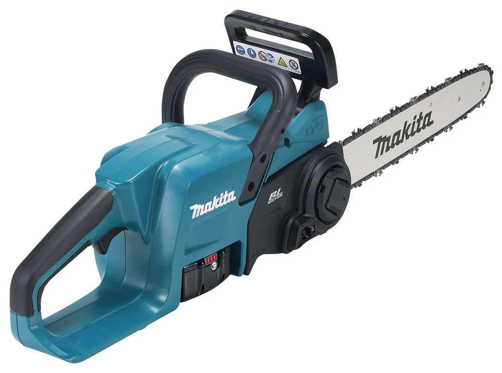 A blue Makita cordless electric chainsaw with a black handle and exposed chain blade, displayed on a white background.