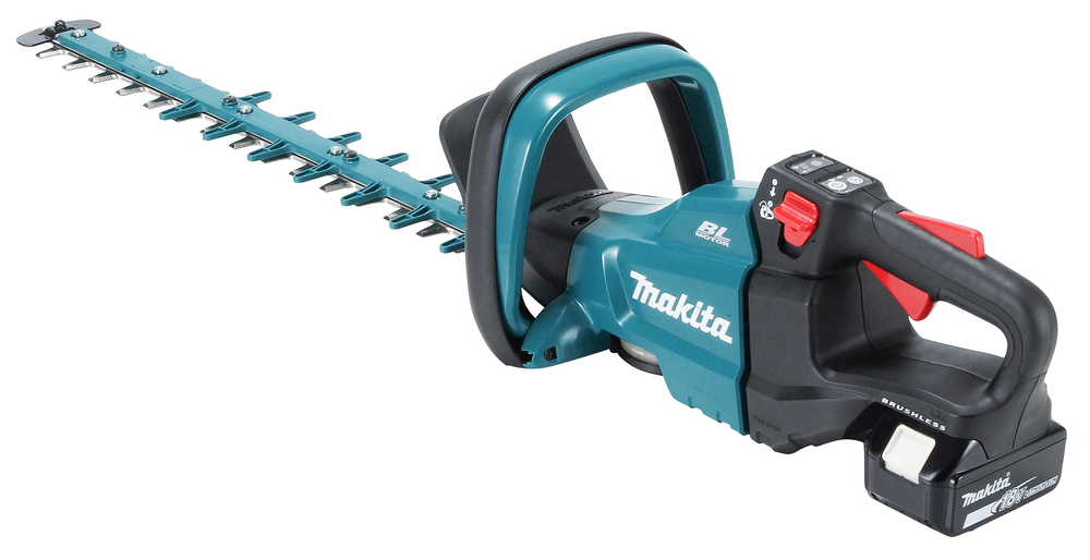 A cordless Makita hedge trimmer with a teal and black body, long serrated blade, black handle, red trigger, and visible battery pack.