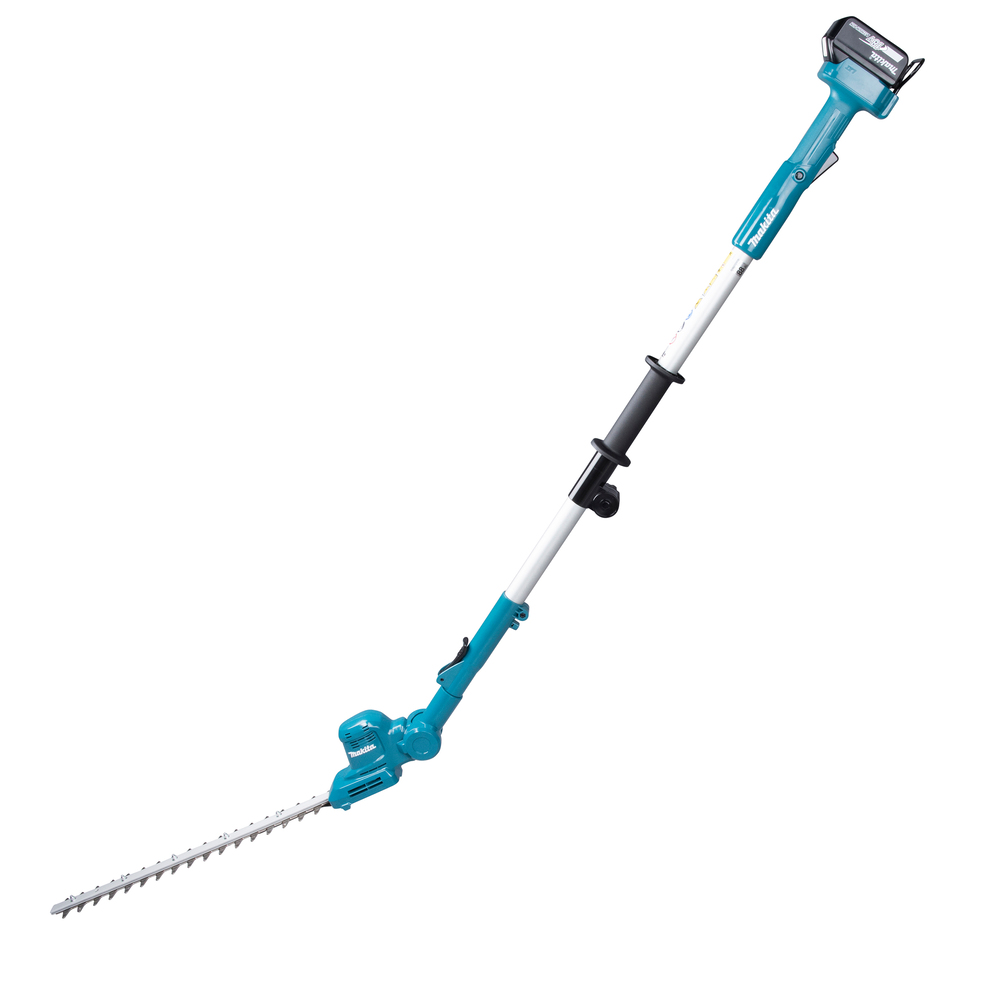 A blue and white cordless pole hedge trimmer with an adjustable long handle and a battery pack at the top end.