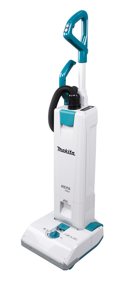 A white and teal Makita upright vacuum cleaner with a handle, hose attachment, and a HEPA filter on its body.