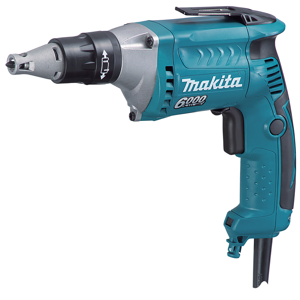 A teal and black electric Makita power drill with a cord and a pistol grip handle, showing the model number 6800 on the side.