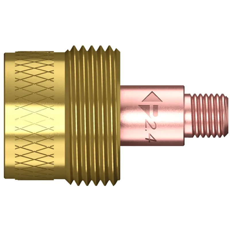 A close-up of the LARGE DIA GAS LENS 1/16"/1.6MM shows its brass and copper threaded adapter with a textured grip, suitable for large diameter or 1/16" applications.