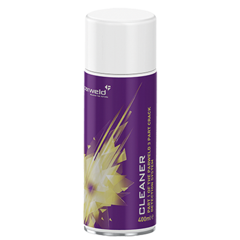 The 400ml Dye Penetrant Spray comes in a purple can with yellow geometric designs, ideal for cleaning parts or leak detection.