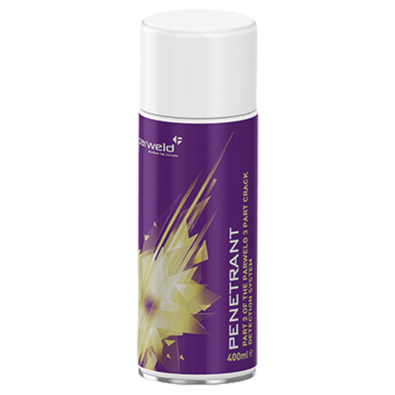 A 400ml Dye Penetrant Spray in a purple and white aerosol can with a yellow abstract design and white cap, for industrial use.