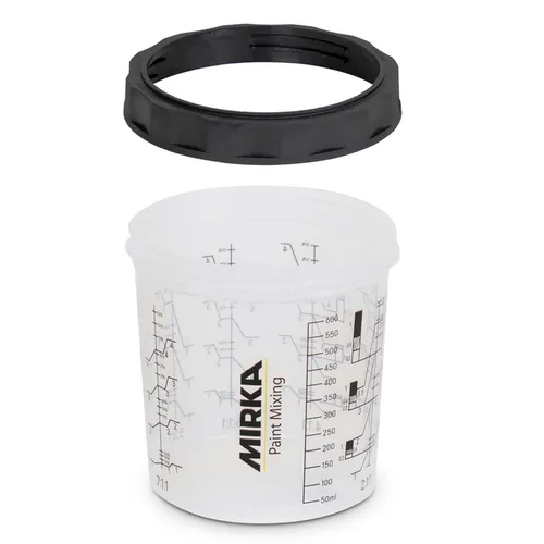 A clear plastic paint mixing cup with measurement markings, shown with a black screw-on lid positioned above it.