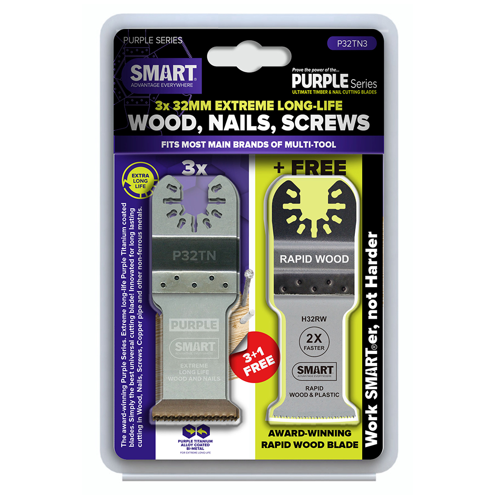 Retail packaging for SMART Purple Series 32mm Titanium Alloy Bi-Metal Blade 3+1, showing included blades in clear plastic casing.