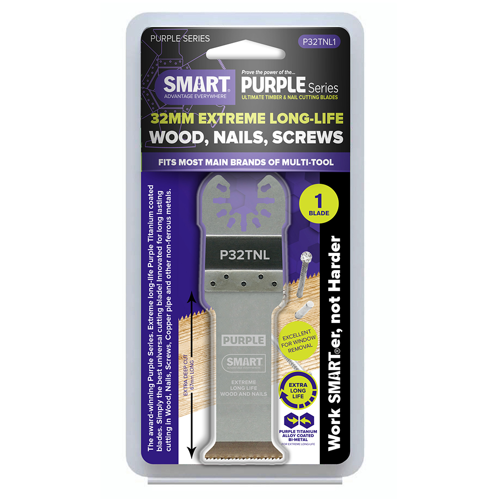 The SMART Purple Series 32mm Deep Cut Bi-metal Blade in purple and white packaging, with the blade visible inside.