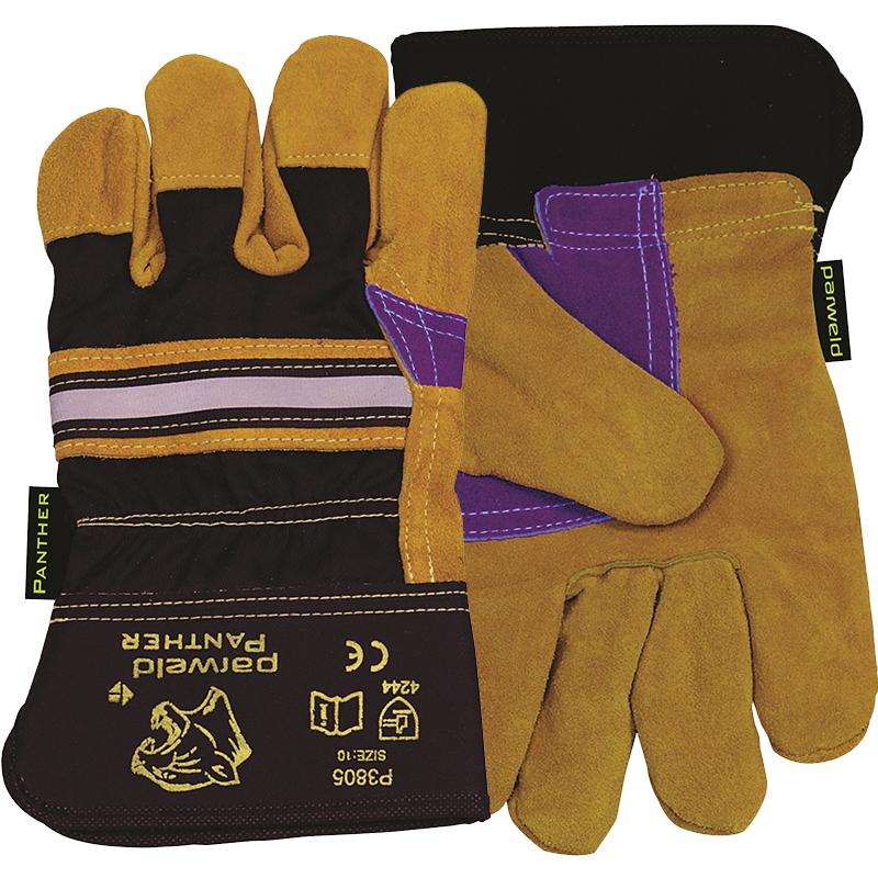 The PANTHER CANADIAN RIGGER GLOVE Size 10 has yellow-brown leather palms, black fabric backs, and purple accents.