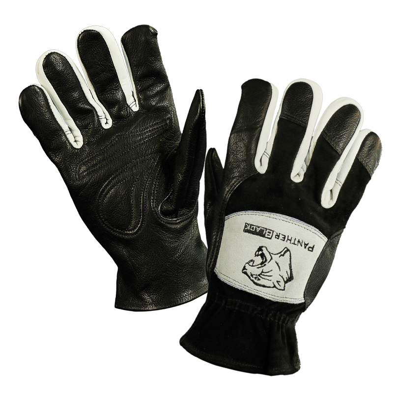A pair of Panther Black Tig Gloves with a textured surface—one showing the palm, the other the back with a panther head illustration.