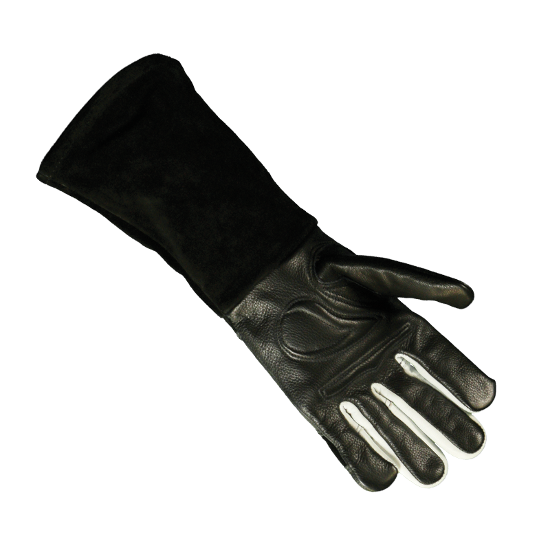 The P3833/8 Parweld Panther Black Mig Gauntlet size 8 with black leather, extended cuff, and white finger tips on light background.