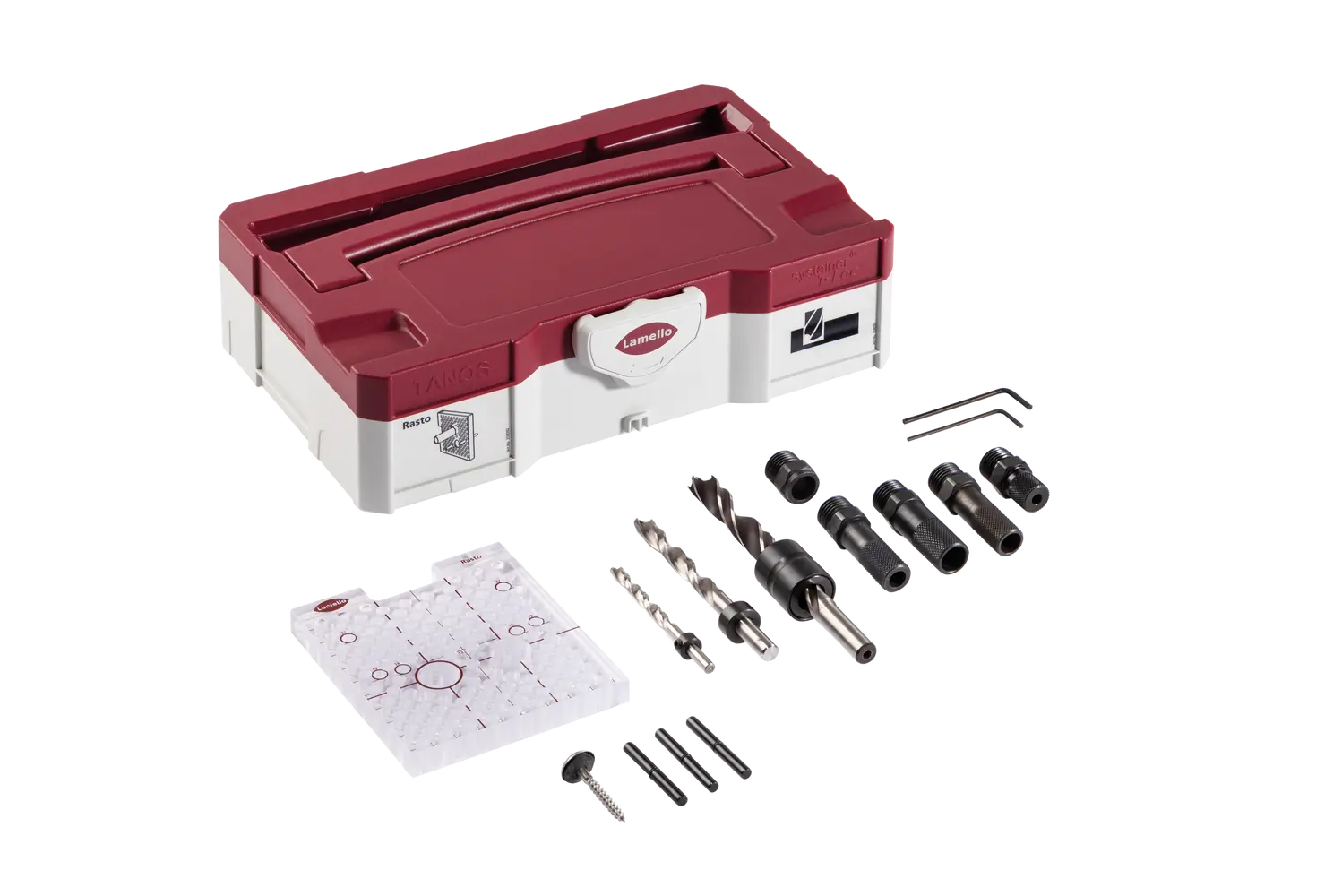 A red and white plastic toolbox with metal tools, screws, drill bits, a clear measuring template, and connector fittings in front.
