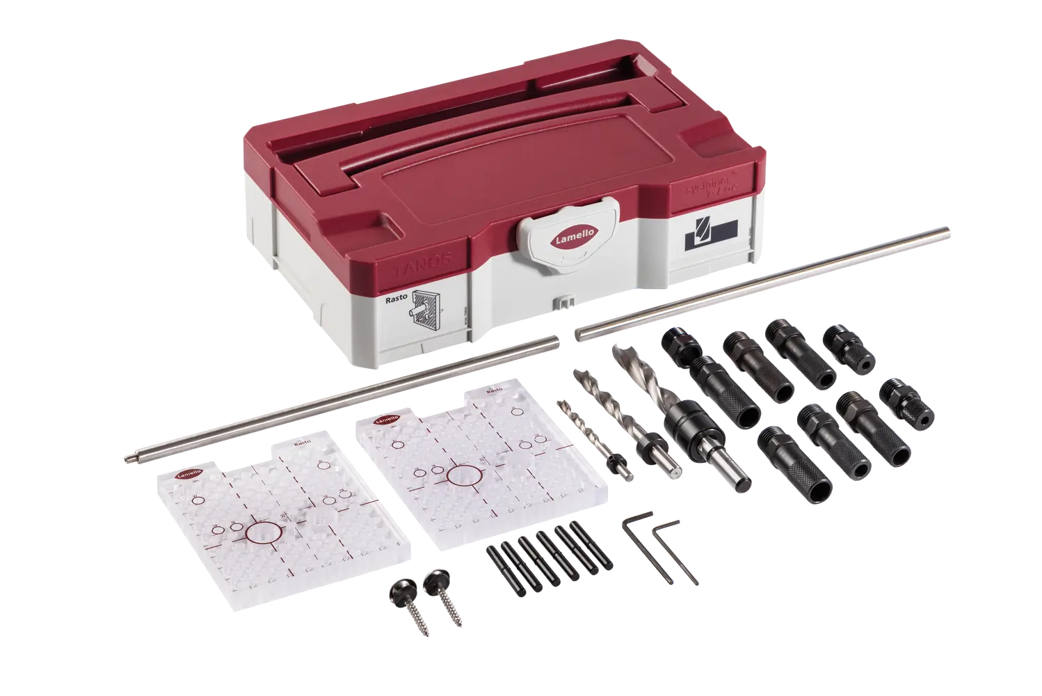 A Lamello 126006 Rasto Universal Drill Jig toolkit in red and white with handle, templates, rods, bits, attachments, and screws.