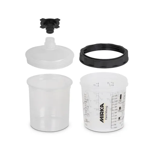 Five separate parts of a paint mixing cup set, including a lid, black threaded ring, cap, clear mixing cup, and clear measurement cup.