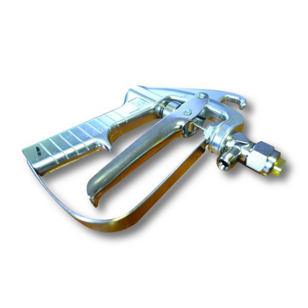 A close-up of a metallic spray gun with trigger handle and nozzle, used for paint or coatings, sits on white next to a glue gun.