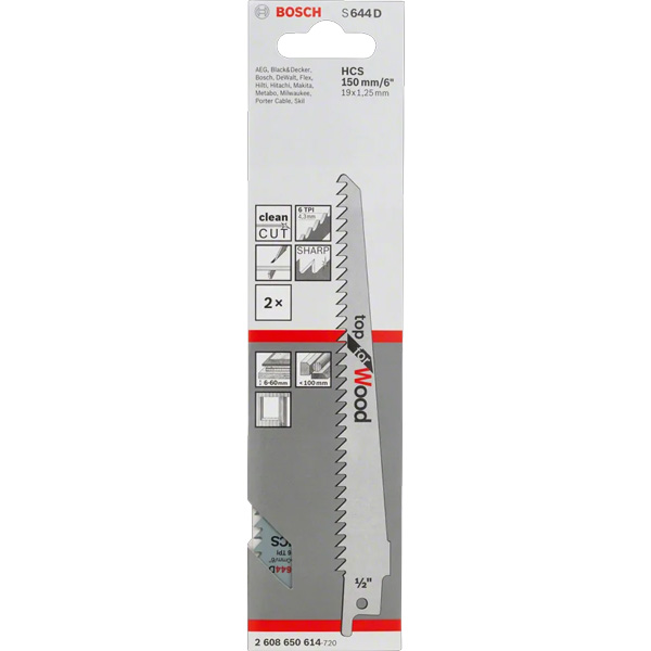 A Bosch S1111DF reciprocating saw blade pack and a Bosch S644D HCS jigsaw blade are displayed on a white-gray background.