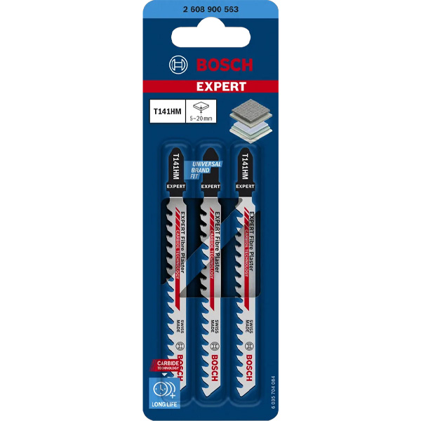 Bosch Jigsaw Blds 3pk T141HM2608900563, in blue and black box for cutting 5–20mm laminate; box shows branding, specs, boards.