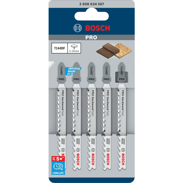 The Bosch Jigsaw Blades 3pk T141HM2608900563 includes three blades in a plastic case, showing materials like laminate and wood.